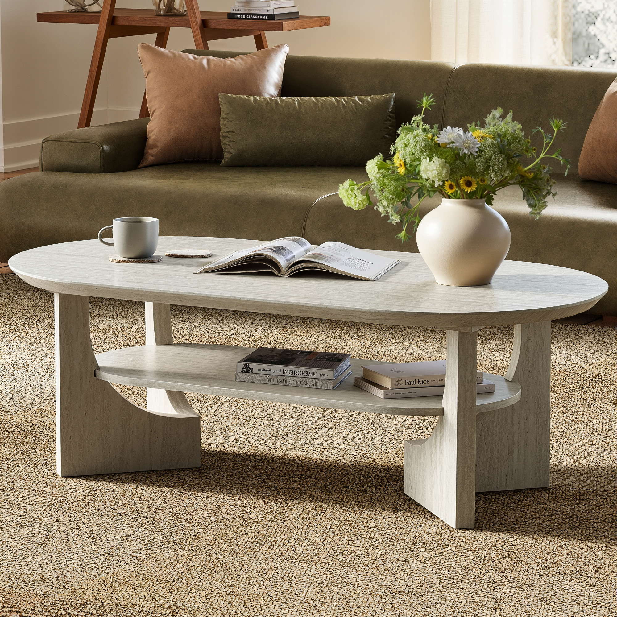 47" Mid-Century Modern Oval Coffee Table - Stone Ash Finish