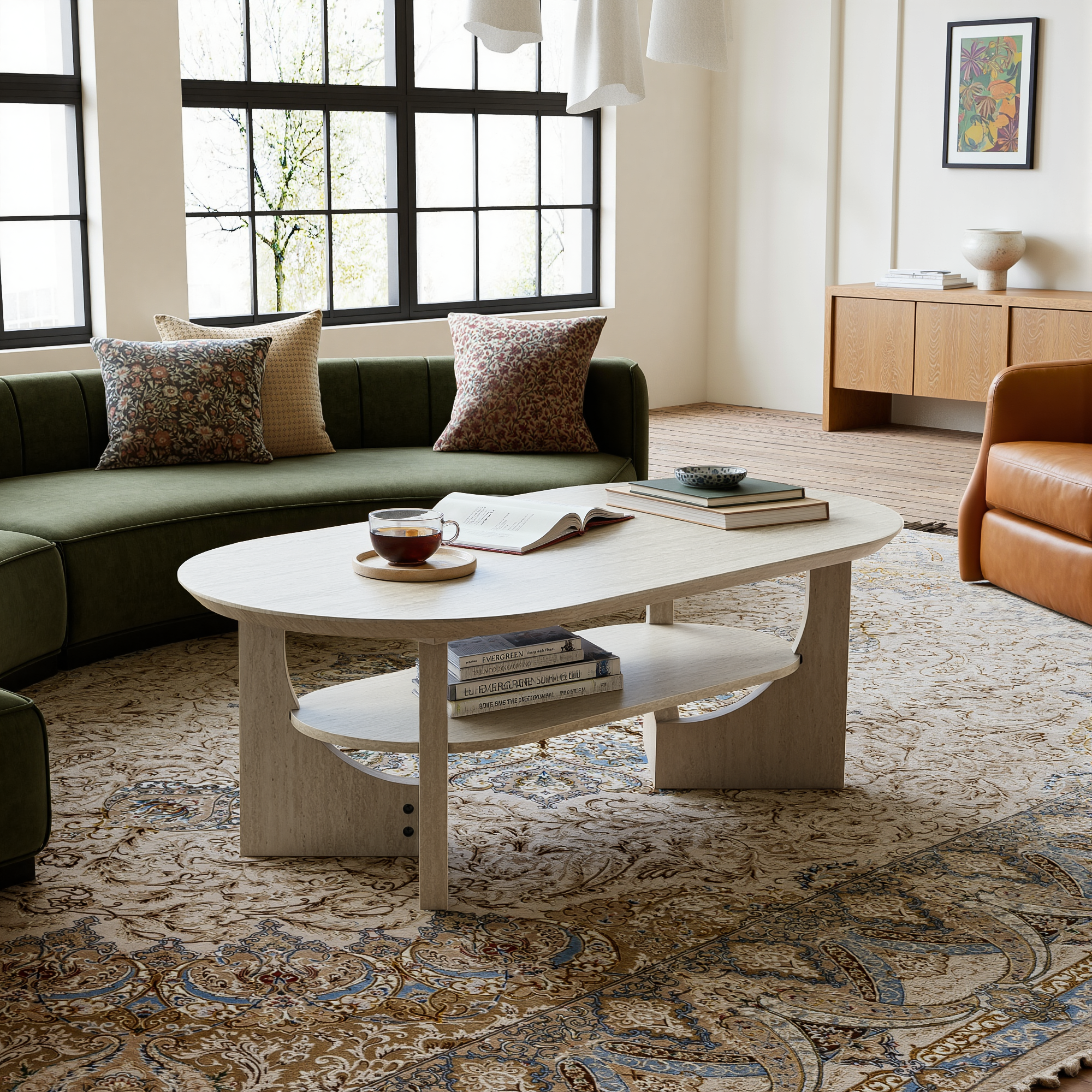 47" Mid-Century Modern Oval Coffee Table - Stone Ash Finish