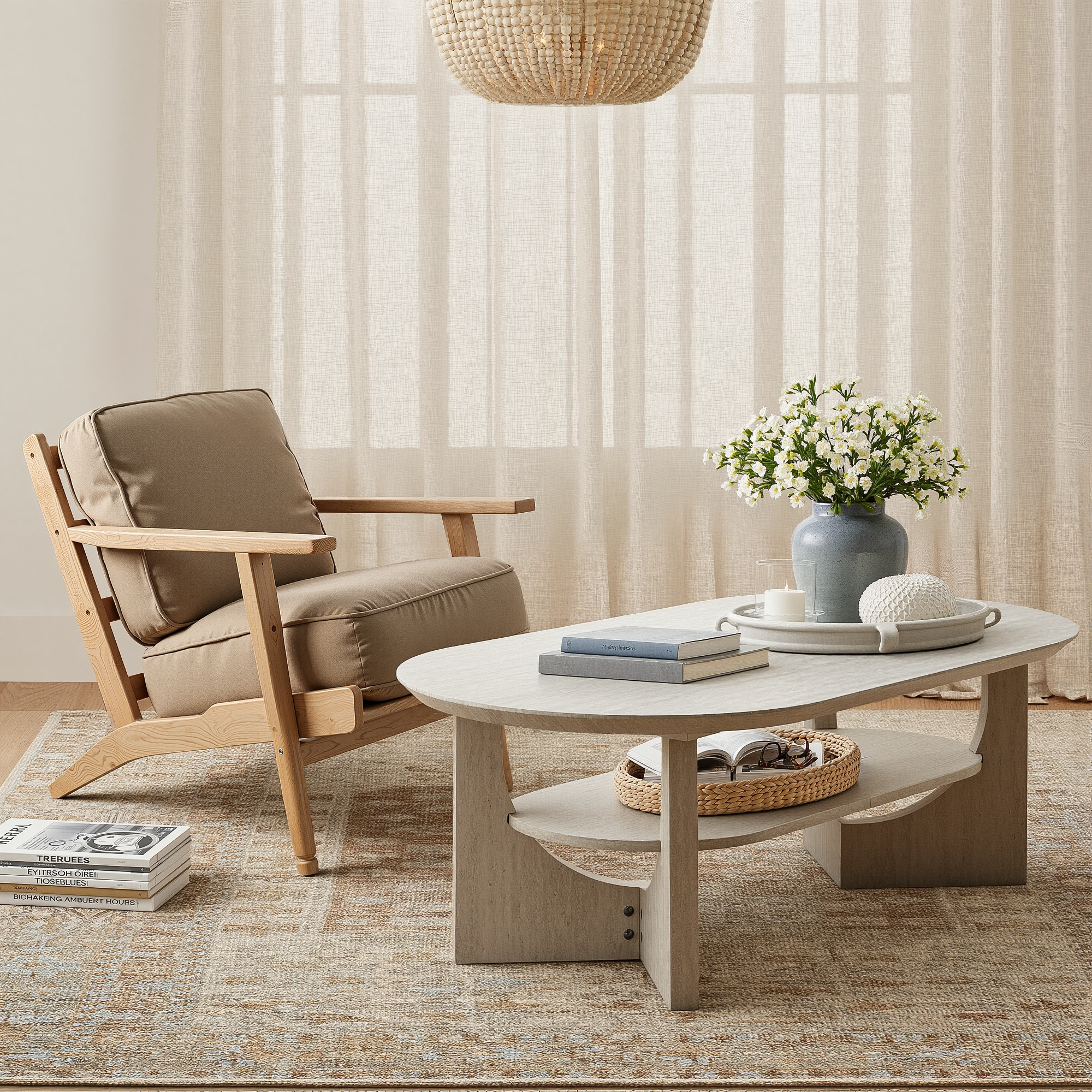 47" Mid-Century Modern Oval Coffee Table - Stone Ash Finish