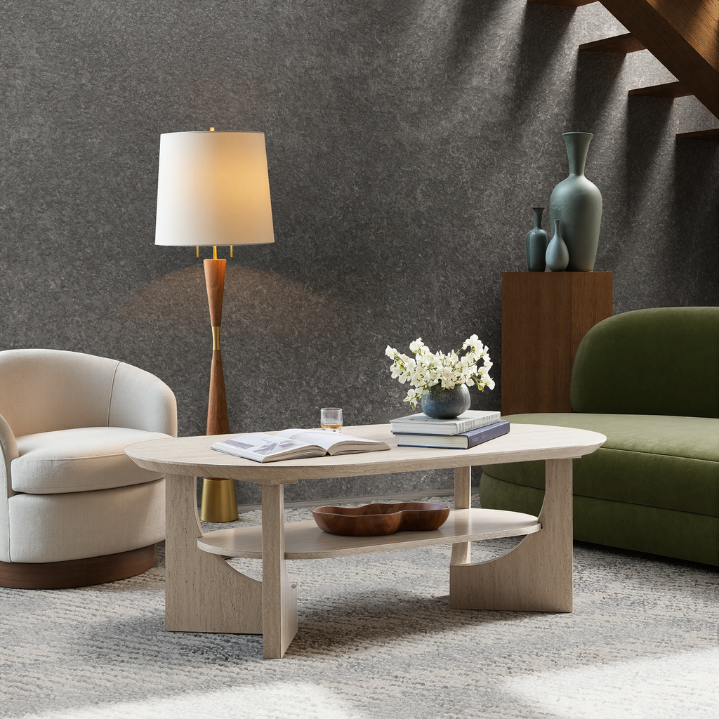 47" Mid-Century Modern Oval Coffee Table - Stone Ash Finish
