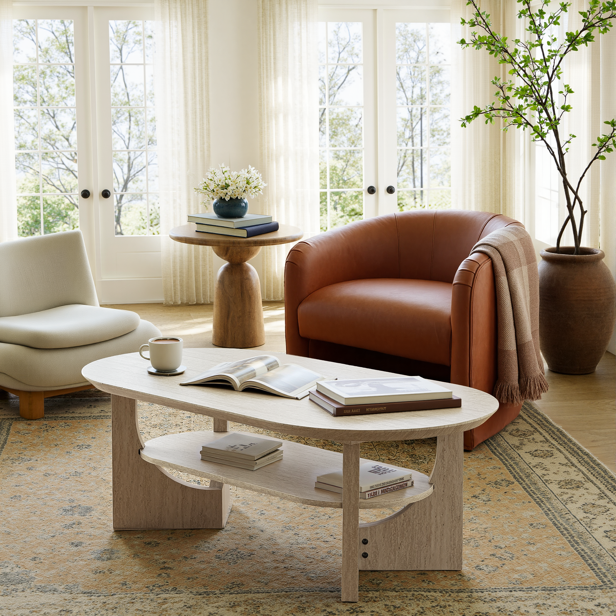 47" Mid-Century Modern Oval Coffee Table - Stone Ash Finish