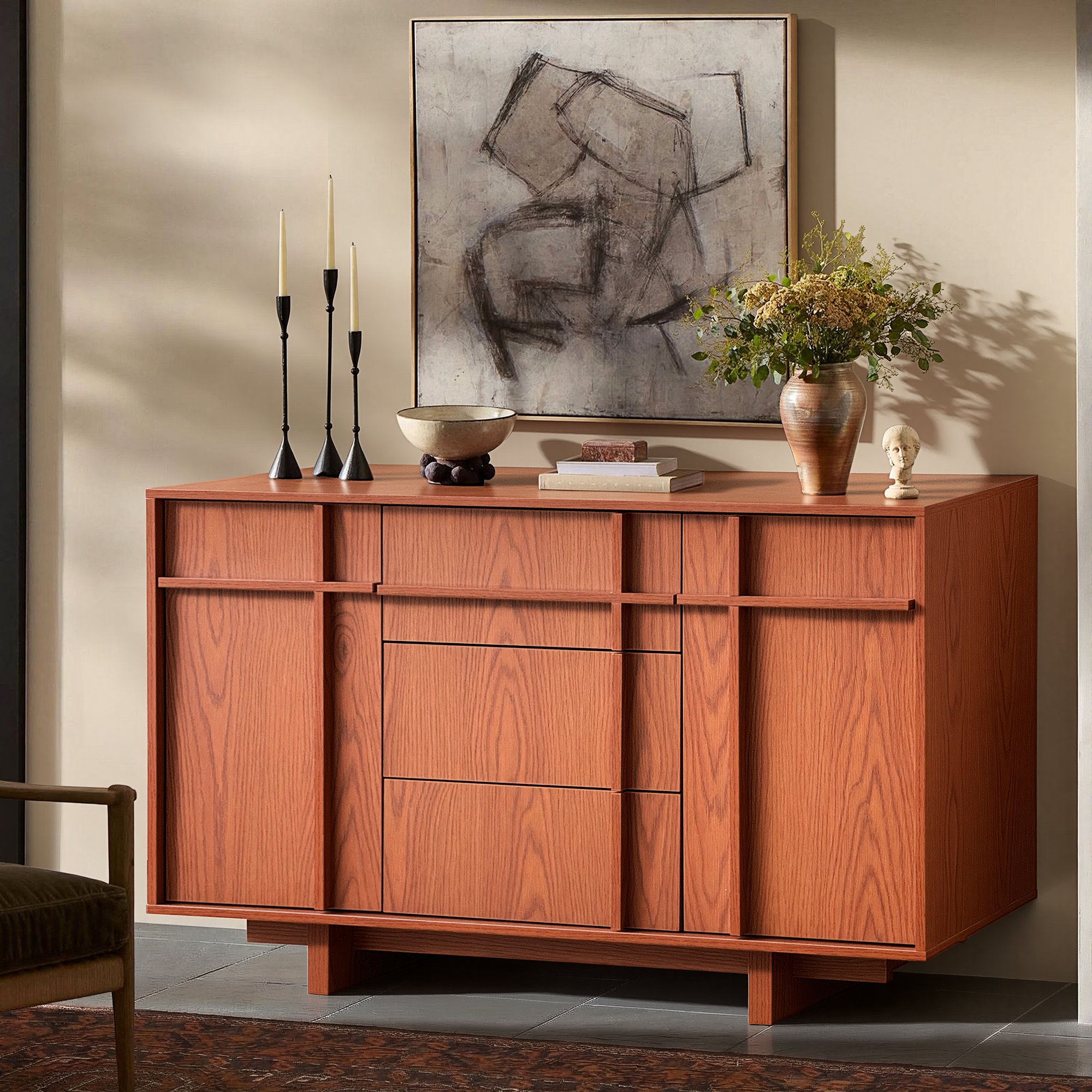 The Linear 47" Sideboard | Classic Cherry 2-Door & 3-Drawer Credenza