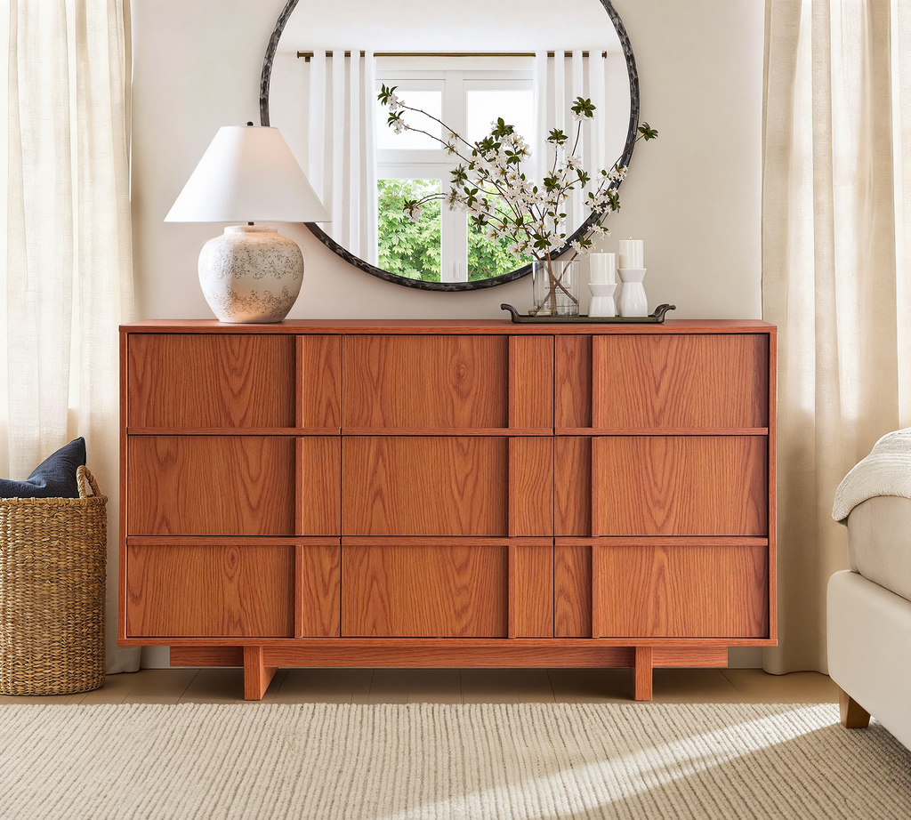 The Linear 55" Cherry Oak Dresser | Sculptural Mid-Century 9-Drawer Chest