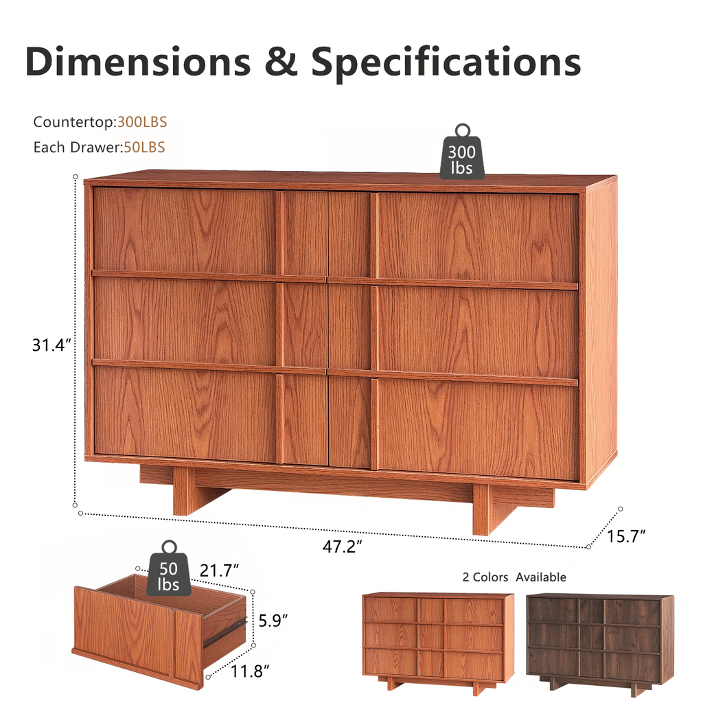 The Linear 47.2" Cherry  Dresser | Sculptural Mid-Century 6-Drawer Chest