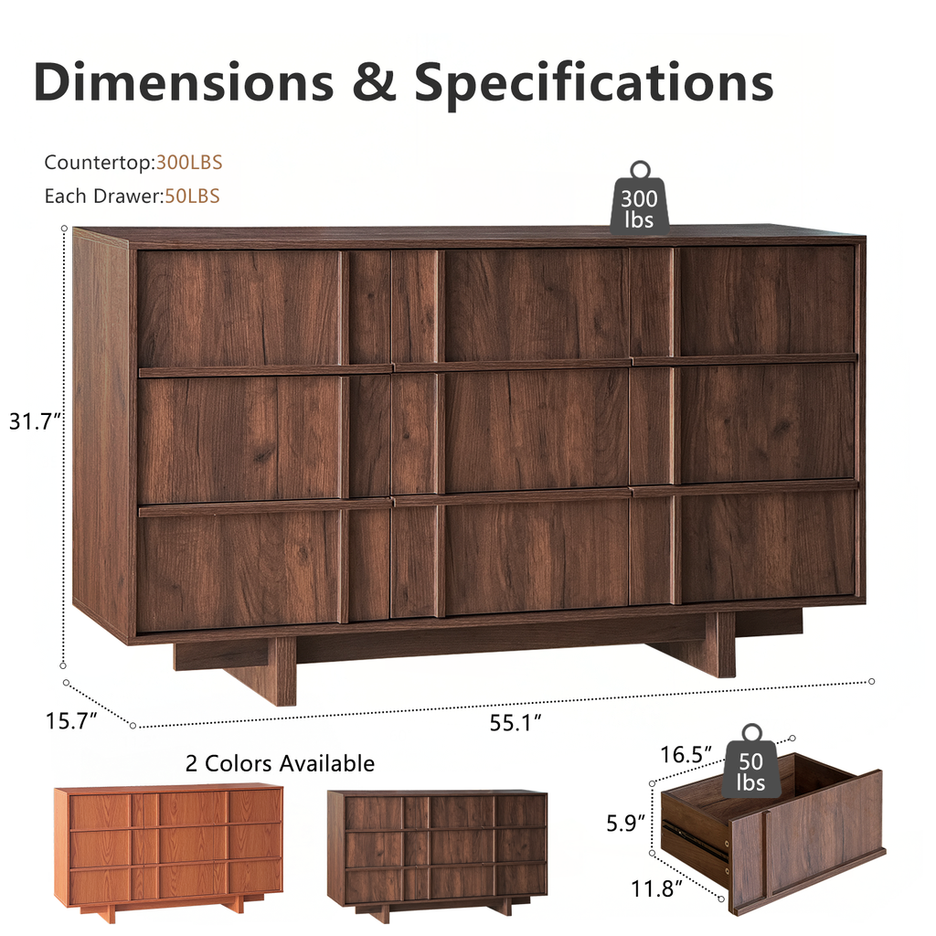 The Linear 55" Walnut Dresser | Sculptural Mid-Century 9-Drawer Chest