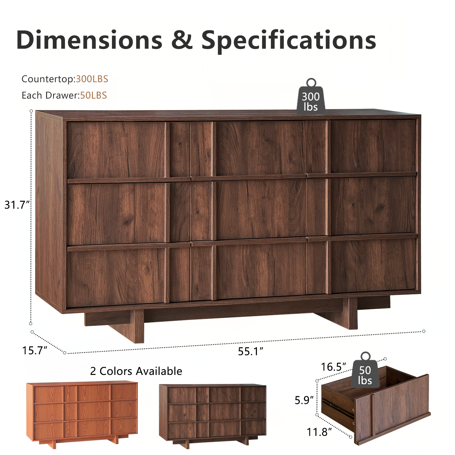 The Linear 55" Walnut Dresser | Sculptural Mid-Century 9-Drawer Chest