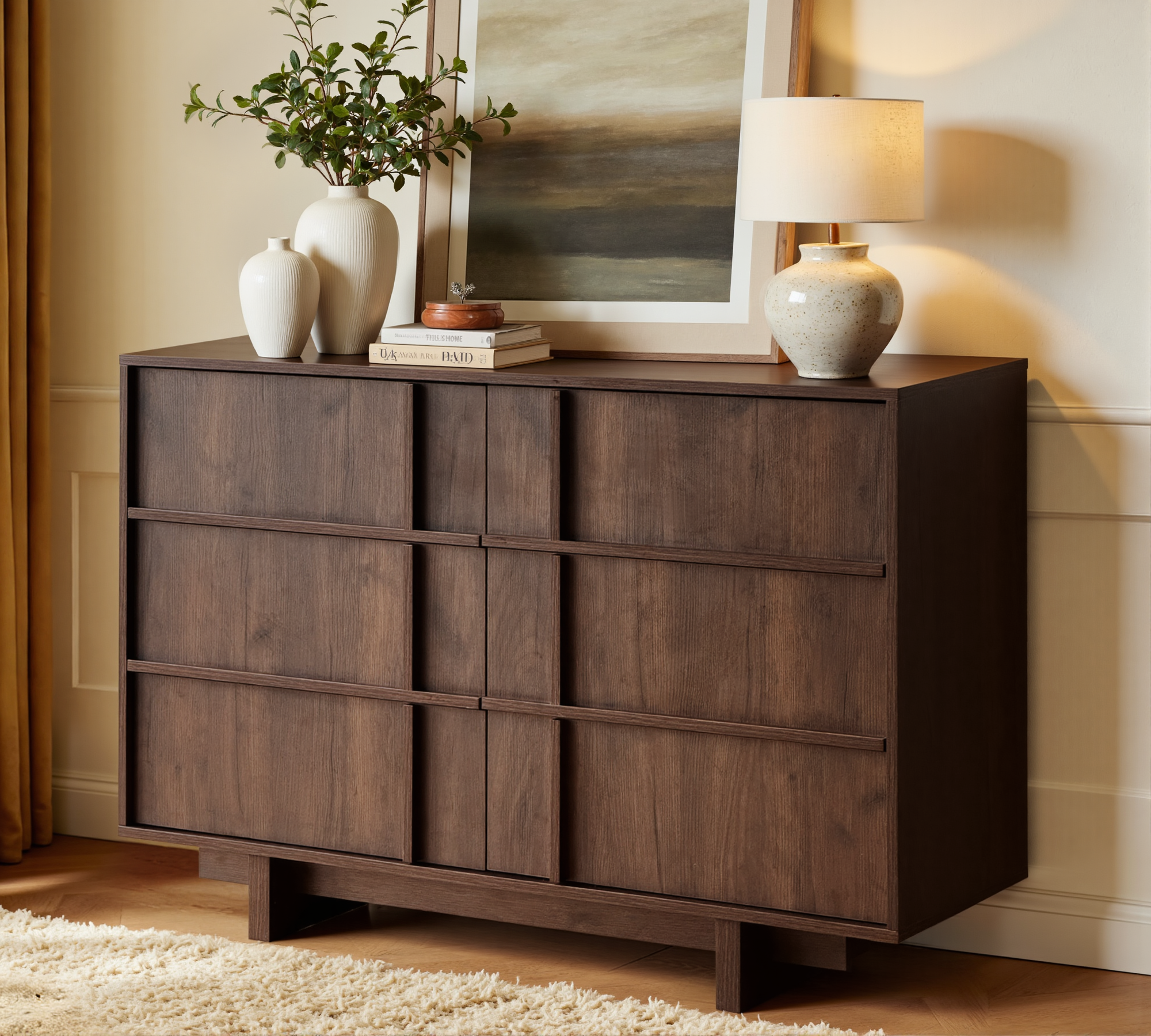 The Linear 47.2" Walnut  Dresser | Sculptural Mid-Century 6-Drawer Chest