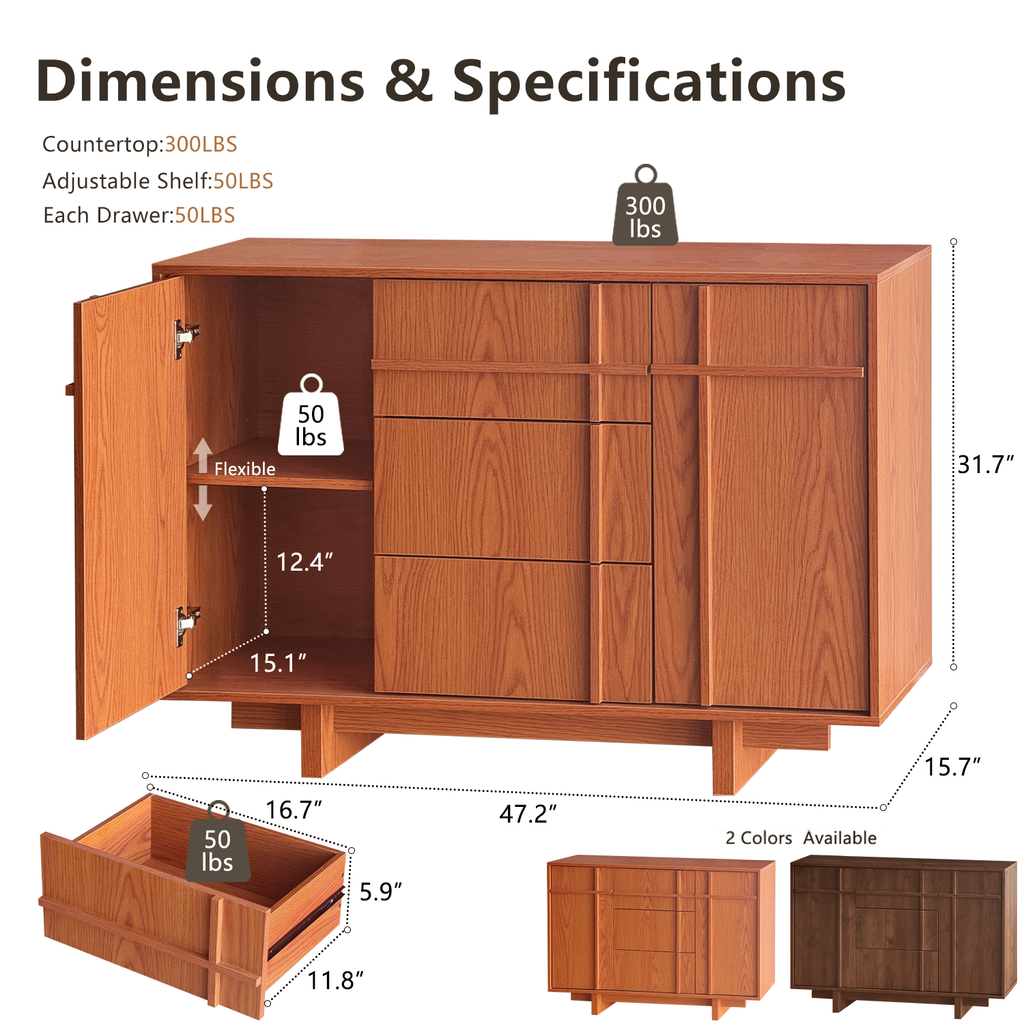 The Linear 47" Sideboard | Classic Cherry 2-Door & 3-Drawer Credenza