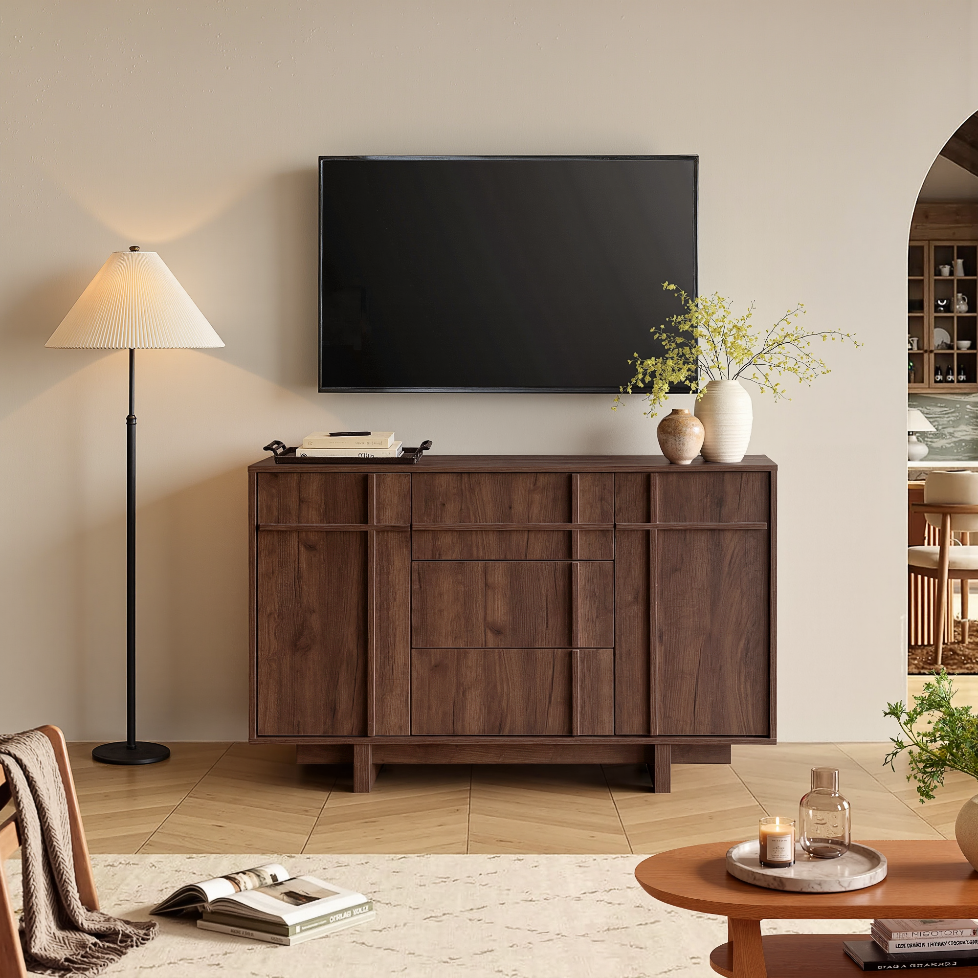The Linear 47" Sideboard | Deep Walnut 2-Door & 3-Drawer Credenza