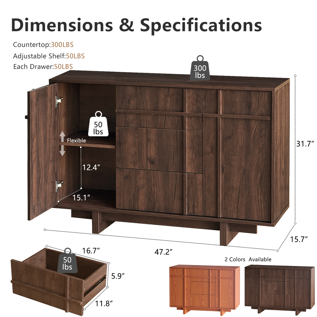 The Linear 47" Sideboard | Deep Walnut 2-Door & 3-Drawer Credenza