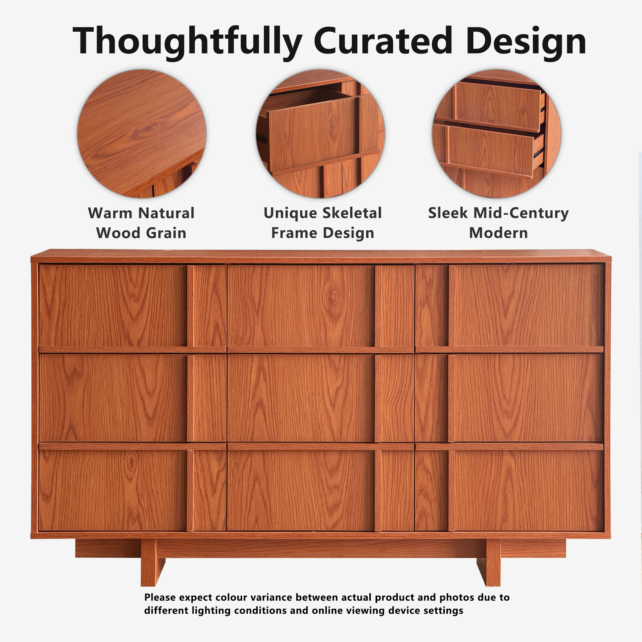 The Linear 55" Cherry Oak Dresser | Sculptural Mid-Century 9-Drawer Chest