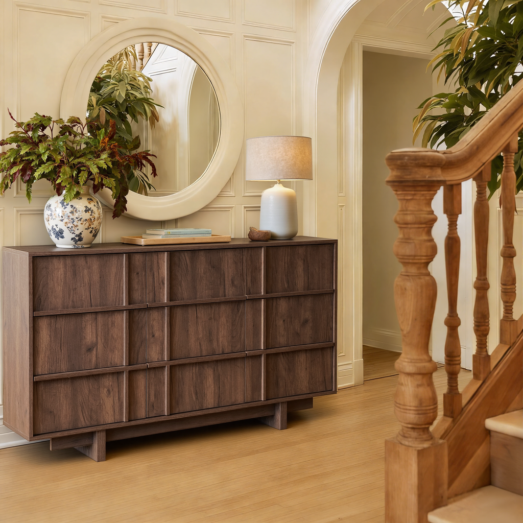 The Linear 55" Walnut Dresser | Sculptural Mid-Century 9-Drawer Chest