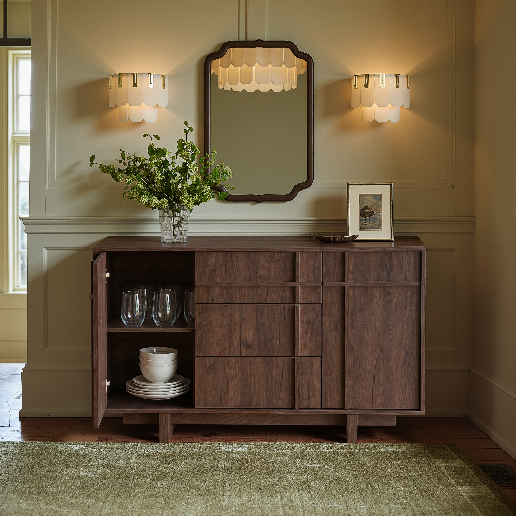 The Linear 47" Sideboard | Deep Walnut 2-Door & 3-Drawer Credenza