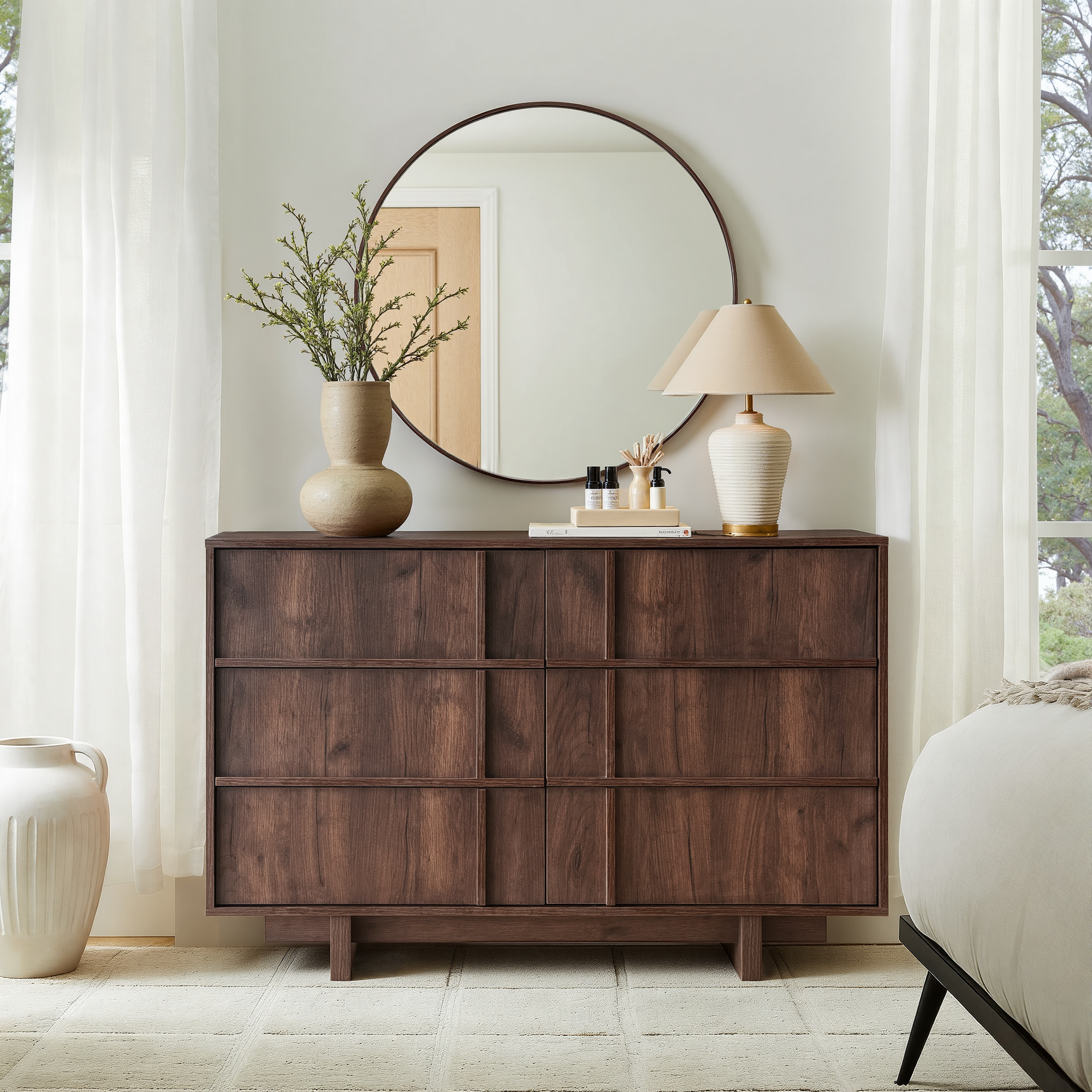 The Linear 47.2" Walnut  Dresser | Sculptural Mid-Century 6-Drawer Chest