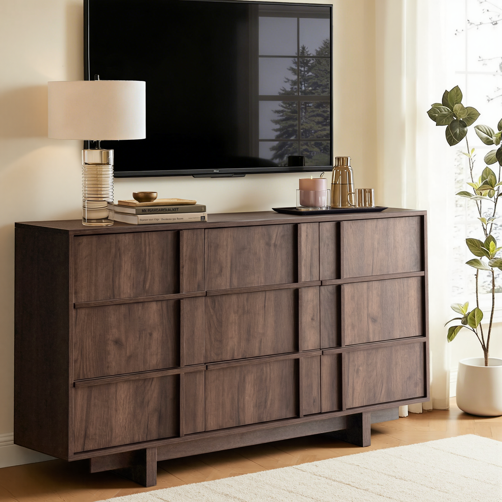 The Linear 55" Walnut Dresser | Sculptural Mid-Century 9-Drawer Chest