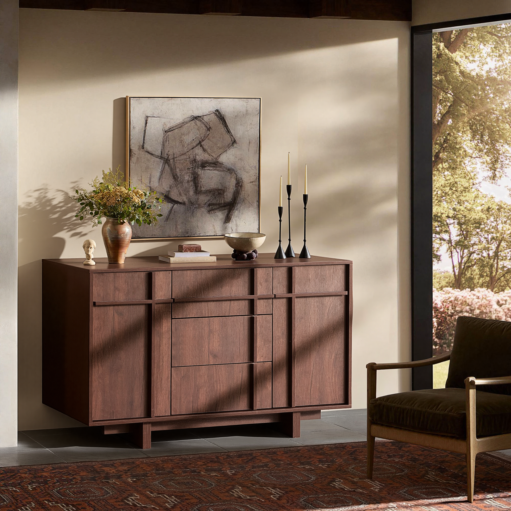 The Linear 47" Sideboard | Deep Walnut 2-Door & 3-Drawer Credenza