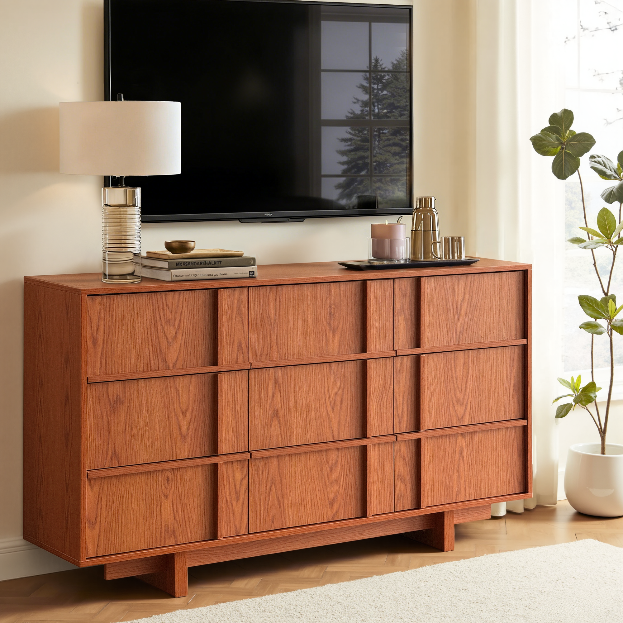 The Linear 55" Cherry Oak Dresser | Sculptural Mid-Century 9-Drawer Chest