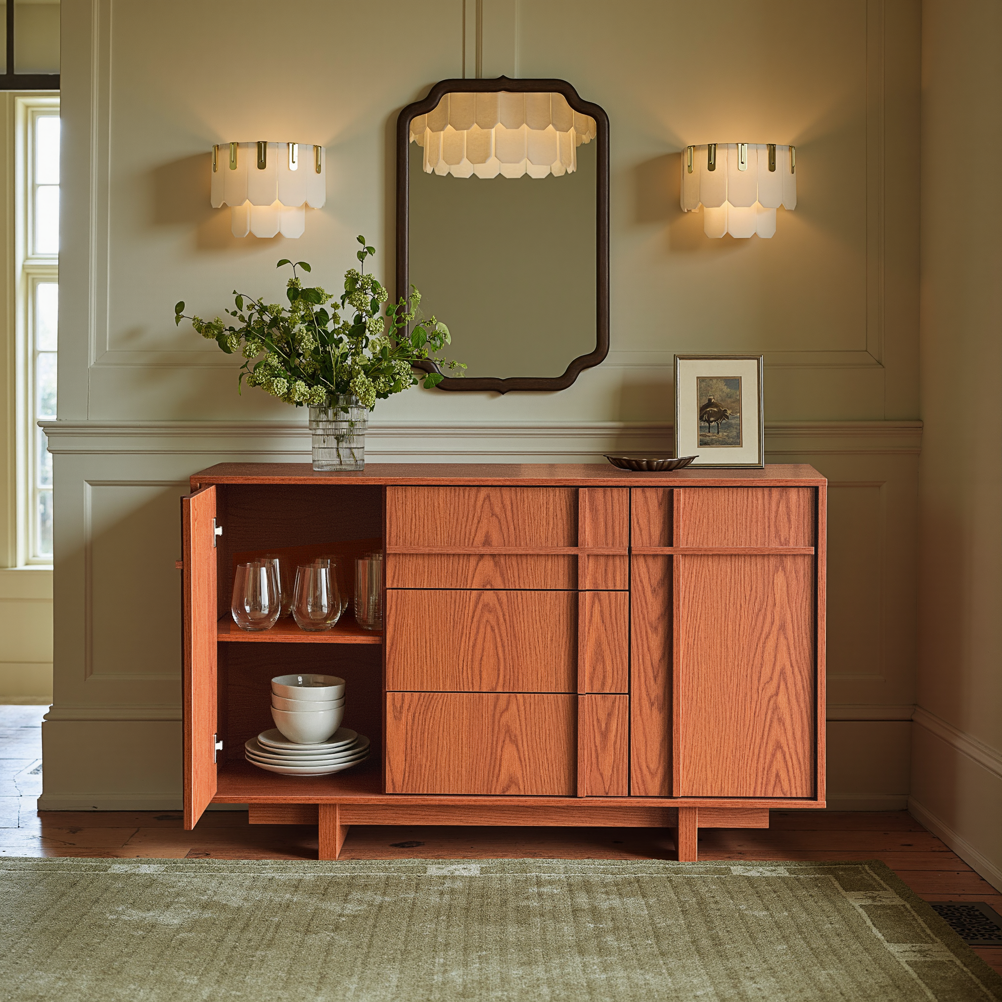 The Linear 47" Sideboard | Classic Cherry 2-Door & 3-Drawer Credenza