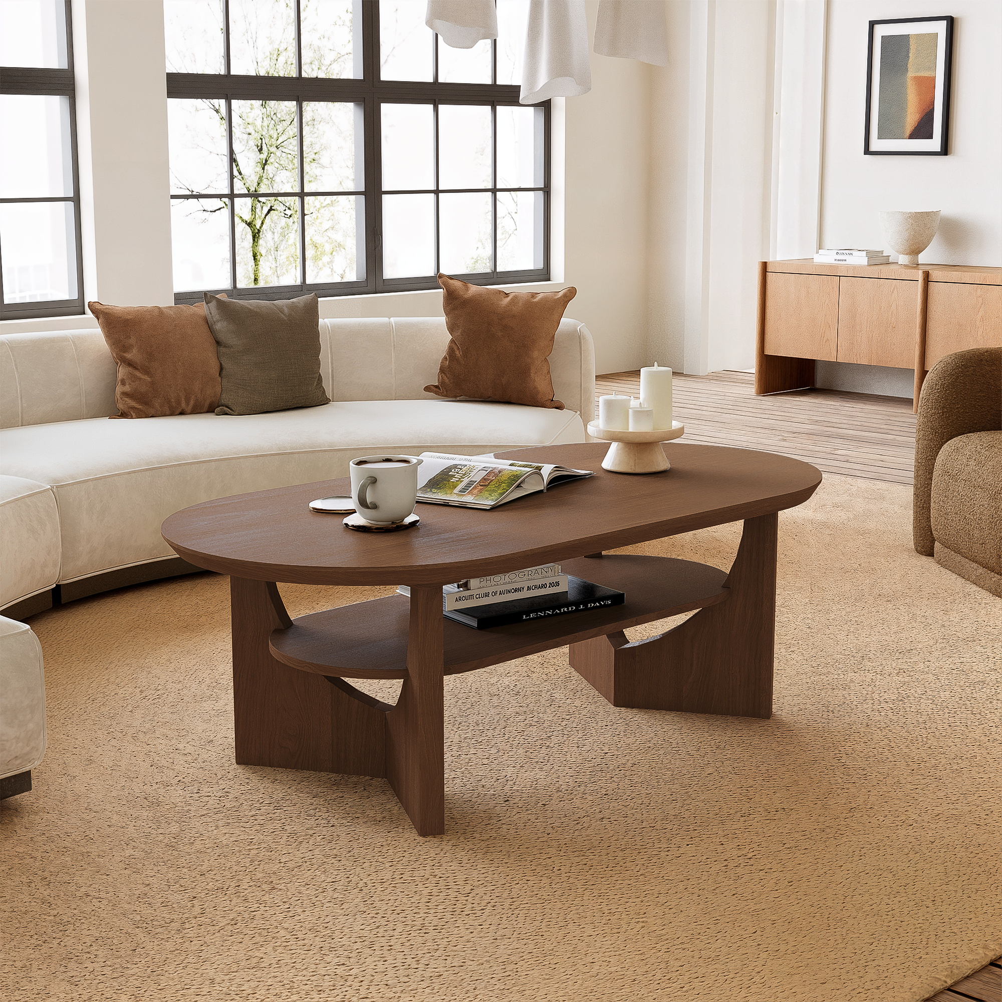 47" Mid-Century Modern Oval Coffee Table - Walnut Finish