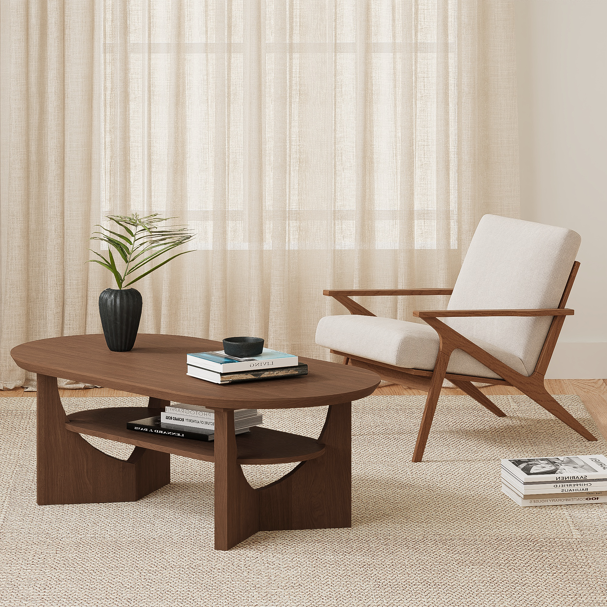 47" Mid-Century Modern Oval Coffee Table - Walnut Finish