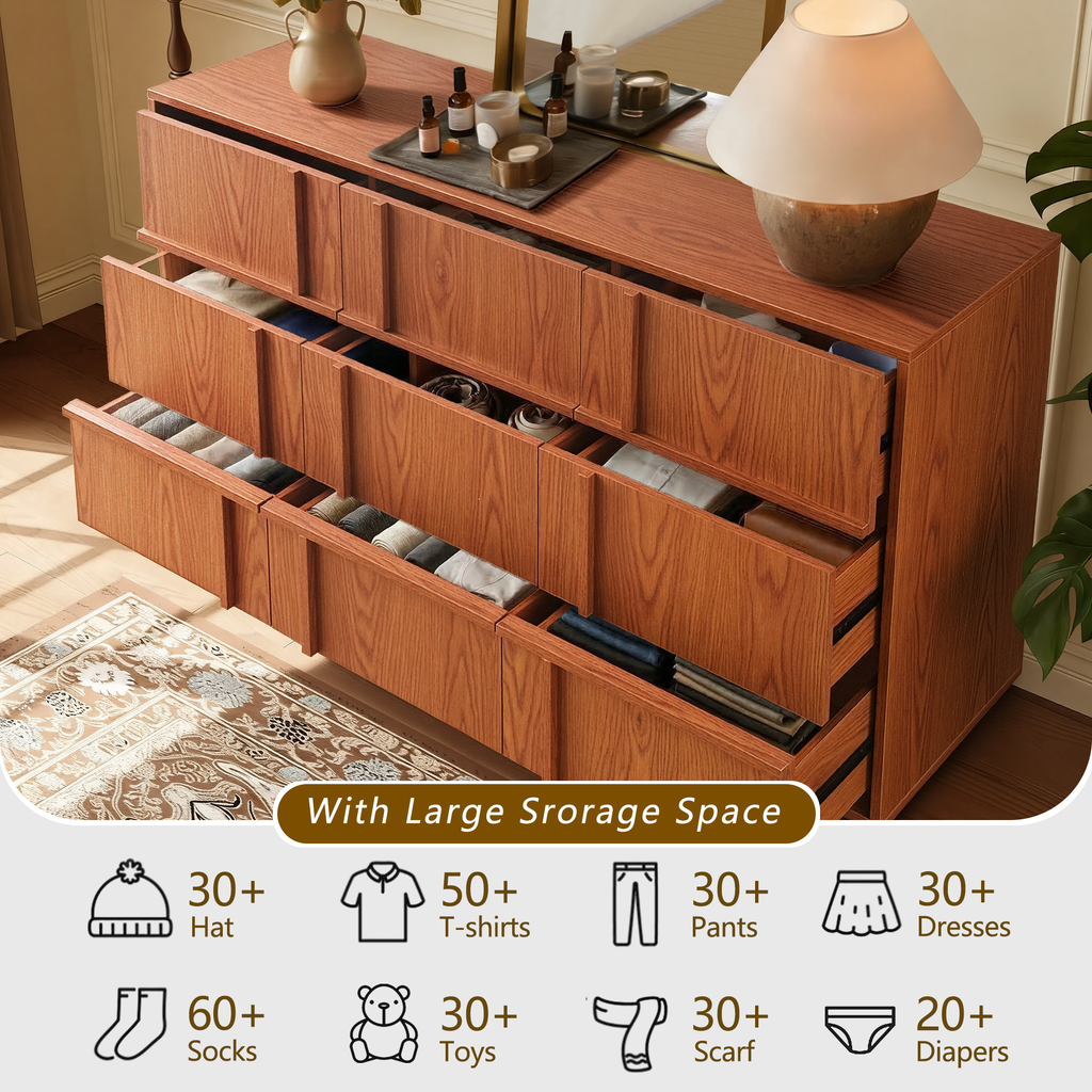 The Linear 55" Cherry Oak Dresser | Sculptural Mid-Century 9-Drawer Chest