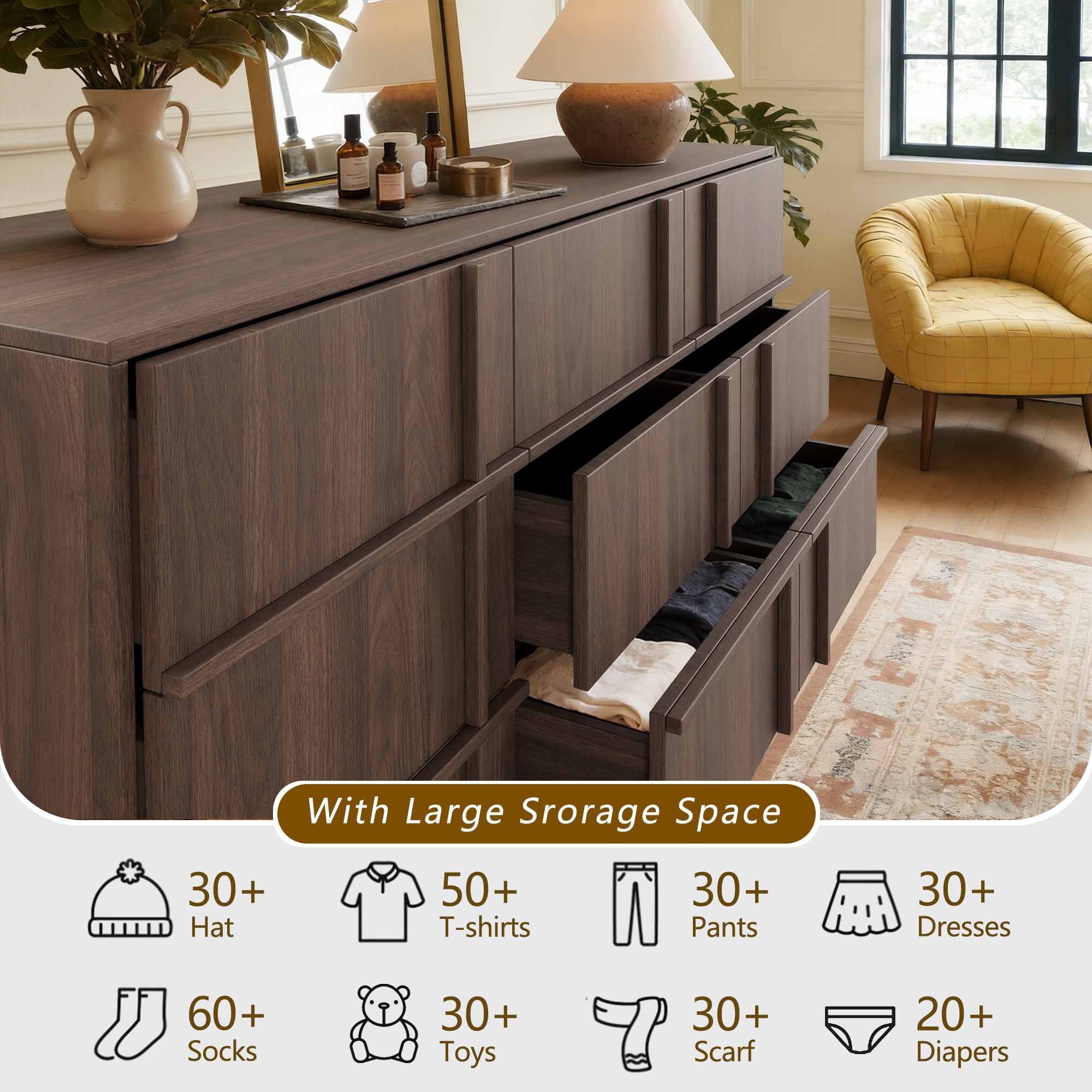 The Linear 55" Walnut Dresser | Sculptural Mid-Century 9-Drawer Chest