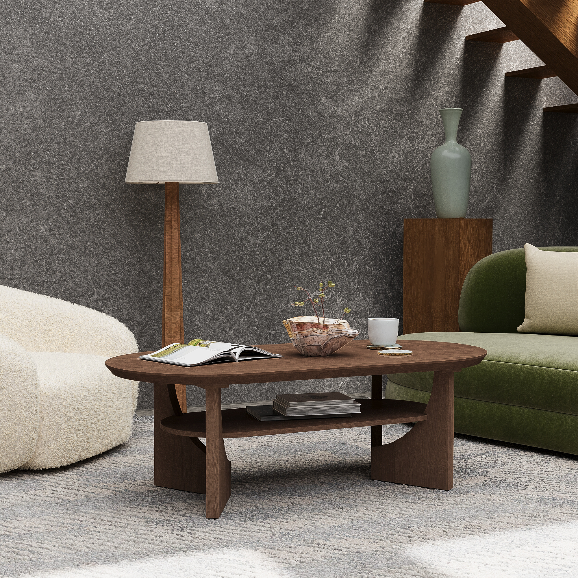 47" Mid-Century Modern Oval Coffee Table - Walnut Finish