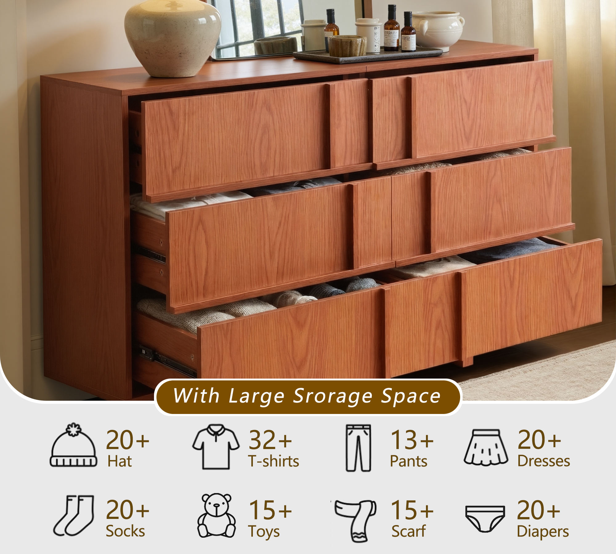 The Linear 47.2" Cherry  Dresser | Sculptural Mid-Century 6-Drawer Chest