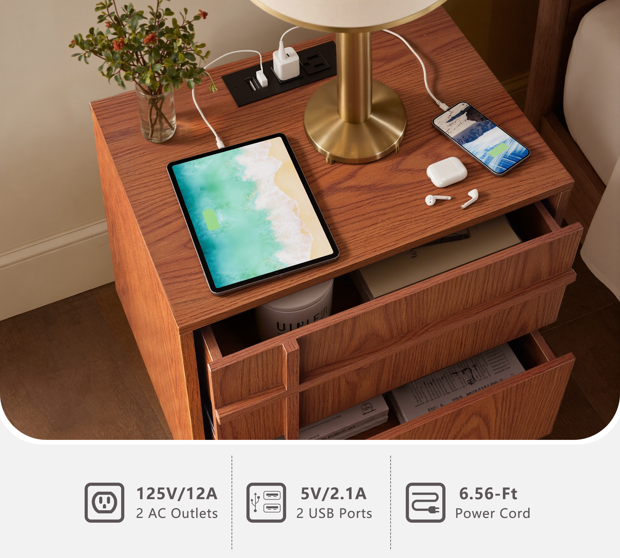 The Linear Nightstand | Deep Cherry Mid-Century Bedside Table