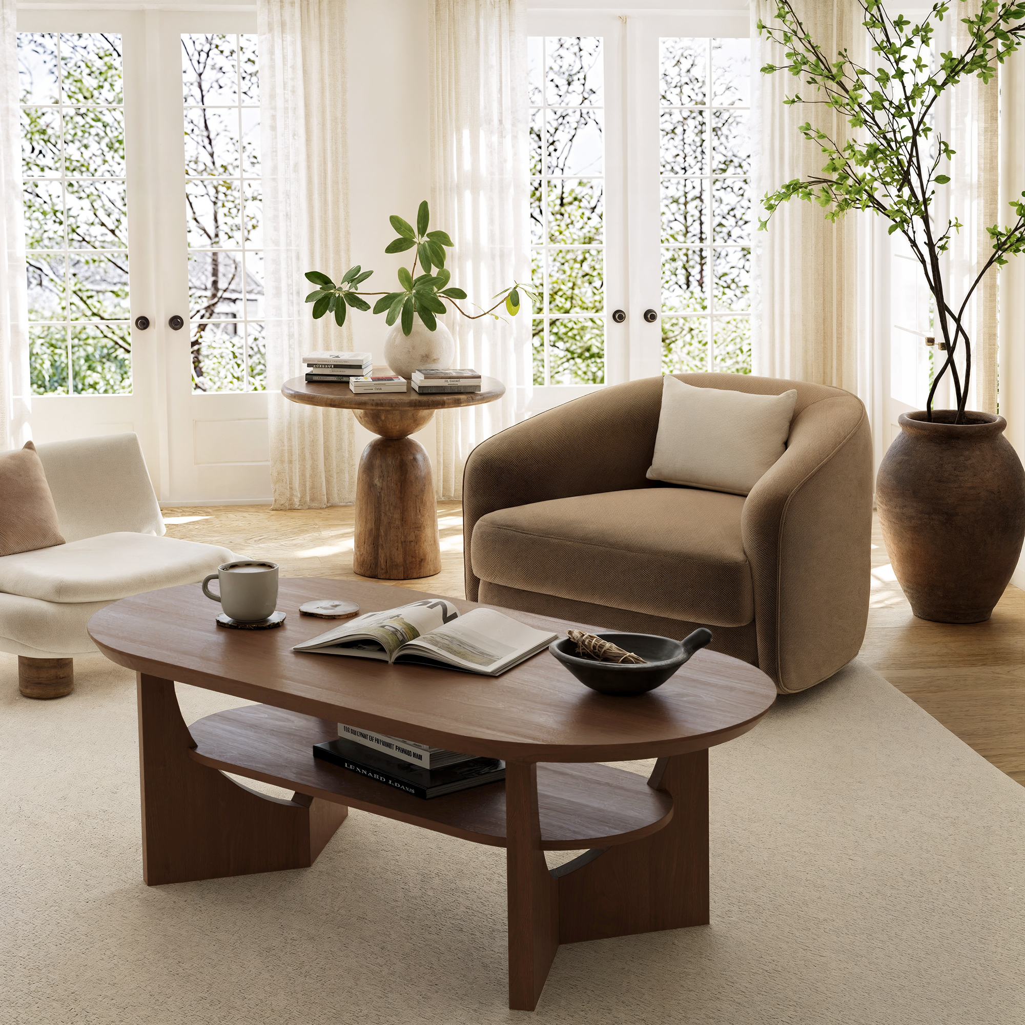 47" Mid-Century Modern Oval Coffee Table - Walnut Finish